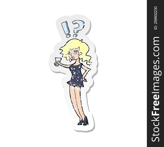 retro distressed sticker of a cartoon confused woman with drink