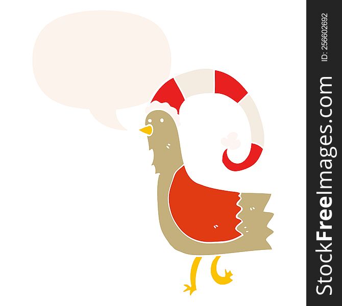 Caroton Chicken In Funny Christmas Hat And Speech Bubble In Retro Style