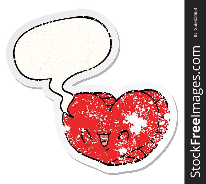 cartoon love heart with speech bubble distressed distressed old sticker. cartoon love heart with speech bubble distressed distressed old sticker