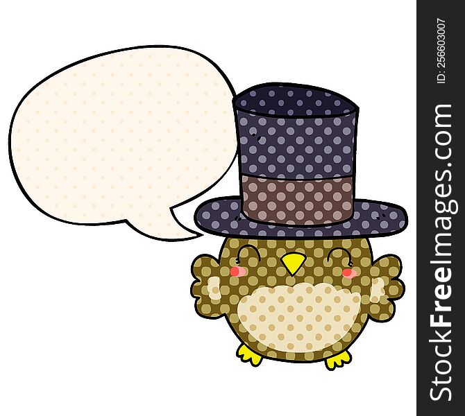 cartoon owl wearing top hat with speech bubble in comic book style