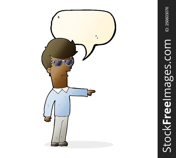 cartoon man in glasses pointing with speech bubble