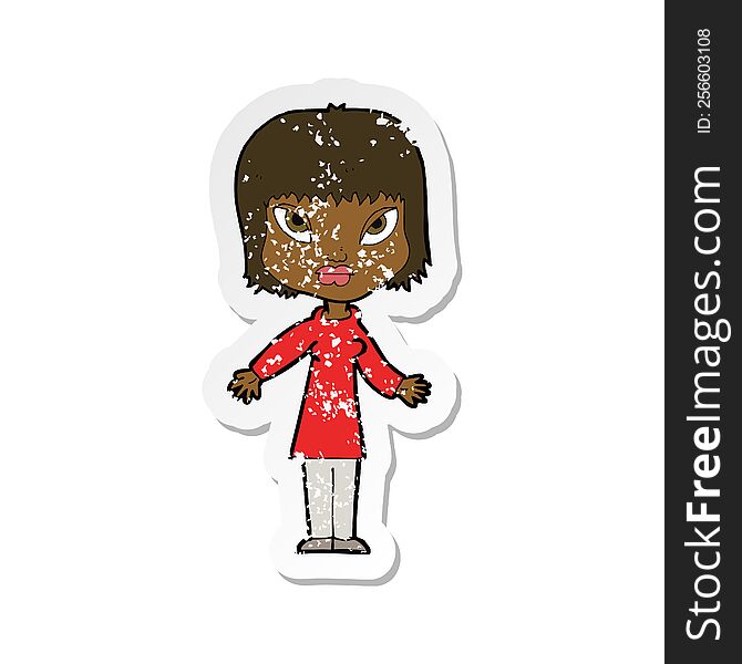Retro Distressed Sticker Of A Cartoon Woman With Open Arms