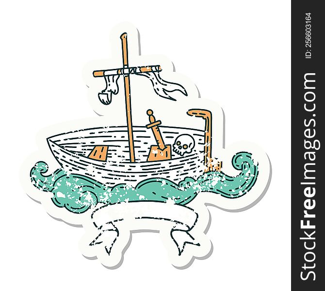 grunge sticker of tattoo style empty boat with skull