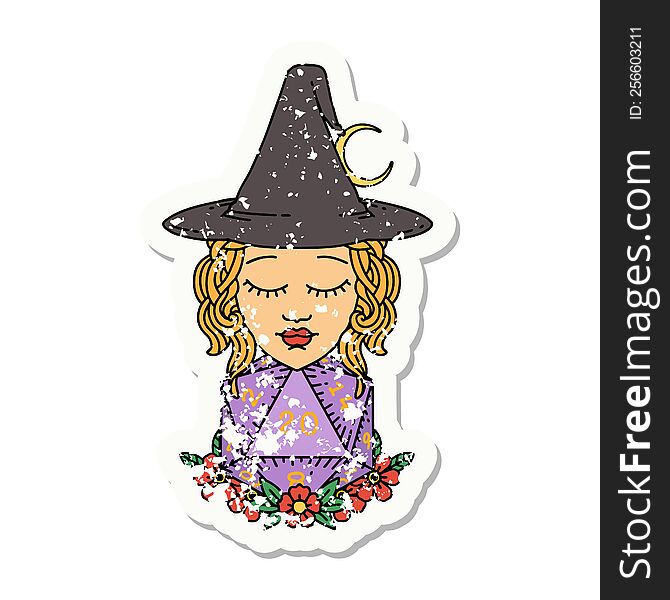 grunge sticker of a human witch with natural twenty dice roll. grunge sticker of a human witch with natural twenty dice roll