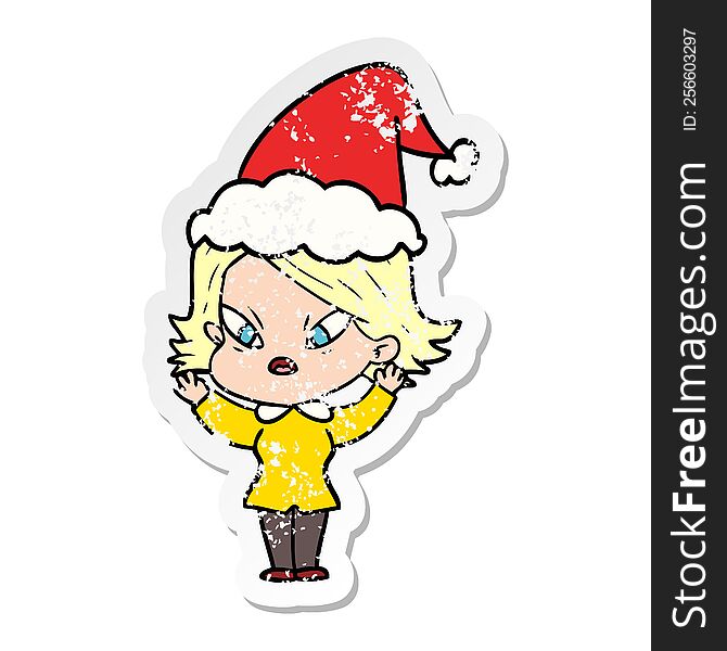 hand drawn distressed sticker cartoon of a stressed woman wearing santa hat
