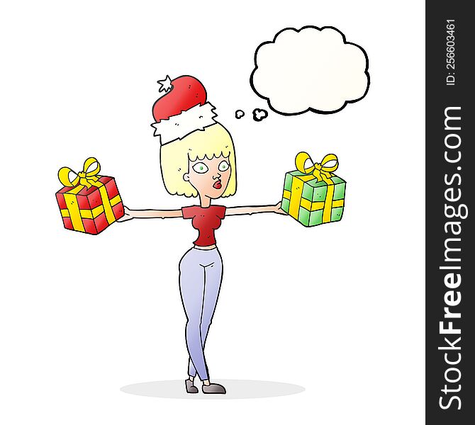 freehand drawn thought bubble cartoon woman with xmas presents