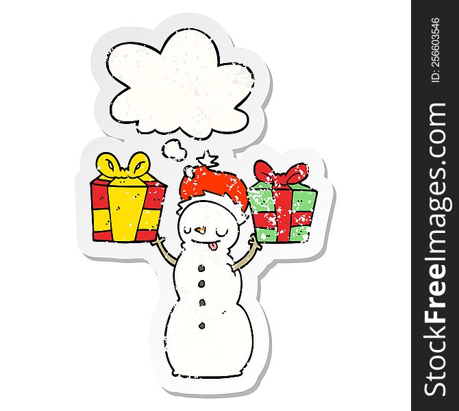 Cartoon Snowman With Present And Thought Bubble As A Distressed Worn Sticker