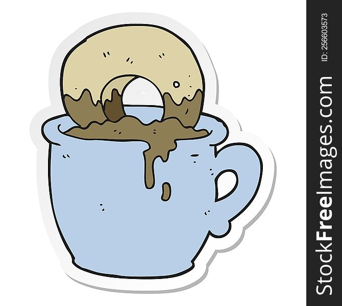 sticker of a cartoon donut dunked in coffee