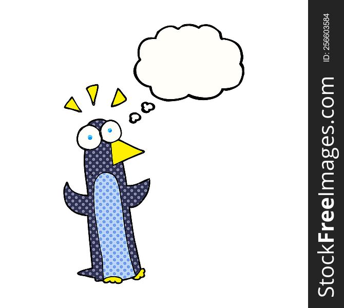 freehand drawn thought bubble cartoon surprised penguin