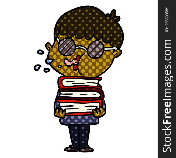 cartoon boy wearing dark glasses carrying books. cartoon boy wearing dark glasses carrying books