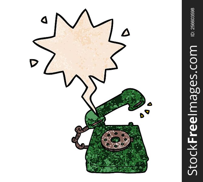 cartoon old telephone with speech bubble in retro texture style