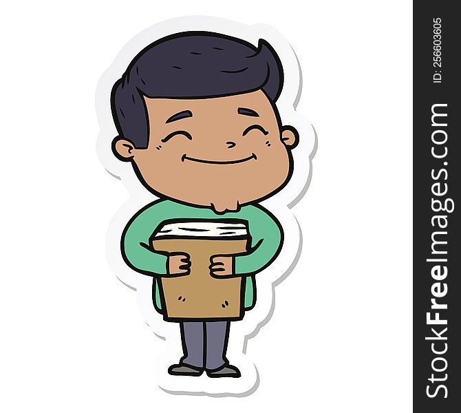 sticker of a happy cartoon man holding book