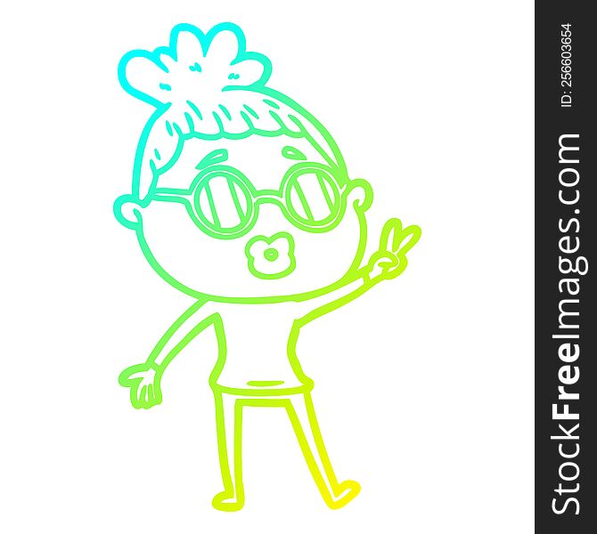 cold gradient line drawing of a cartoon woman making peace sign