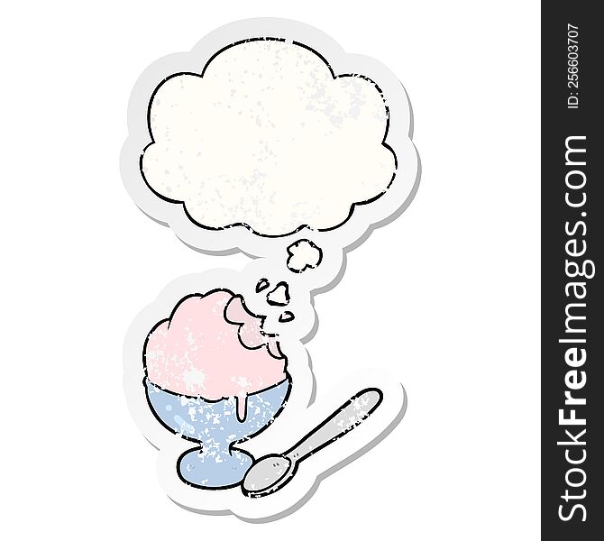 cartoon ice cream dessert with thought bubble as a distressed worn sticker