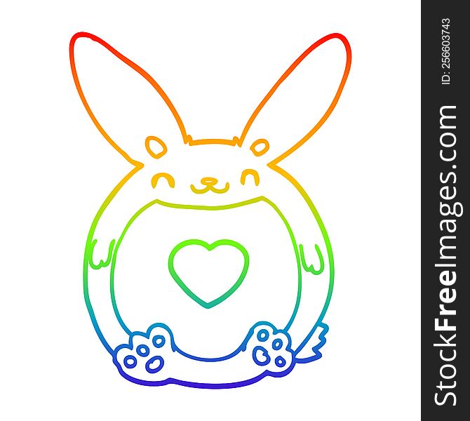 rainbow gradient line drawing of a cartoon rabbit with love heart