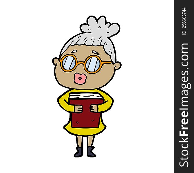 cartoon woman with book wearing spectacles. cartoon woman with book wearing spectacles