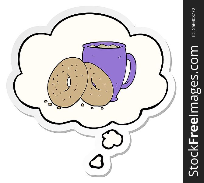 cartoon coffee and donuts with thought bubble as a printed sticker