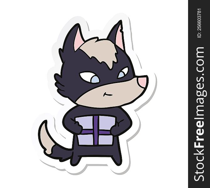 Sticker Of A Friendly Cartoon Wolf With Gift