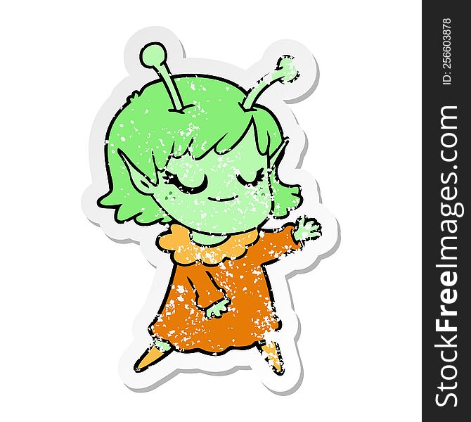 distressed sticker of a smiling alien girl cartoon