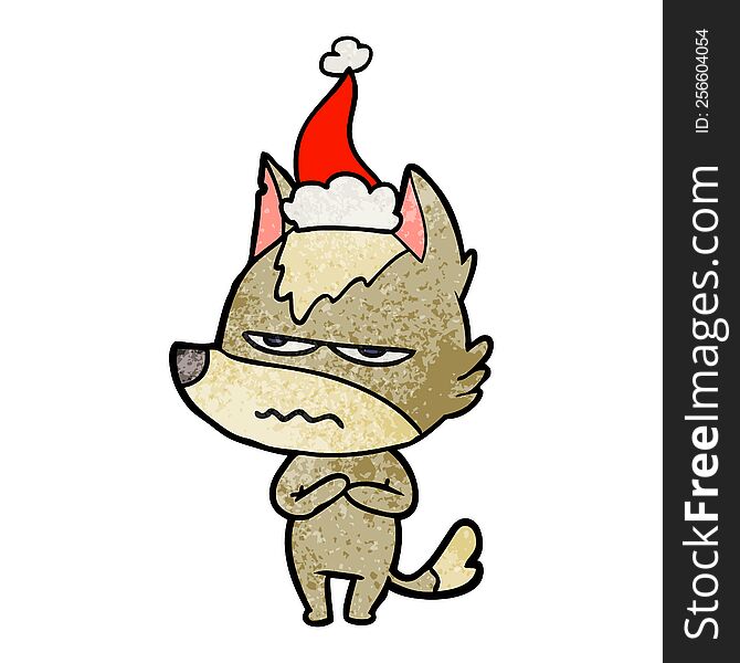 Textured Cartoon Of A Annoyed Wolf Wearing Santa Hat