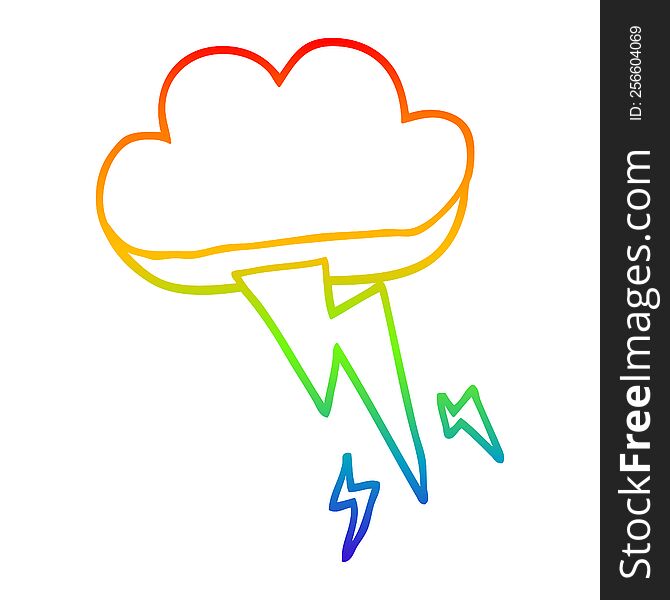 rainbow gradient line drawing of a cartoon thundercloud and lightning