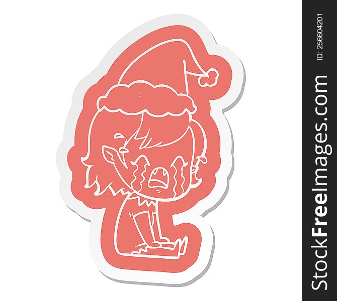 quirky cartoon  sticker of a crying vampire girl wearing santa hat