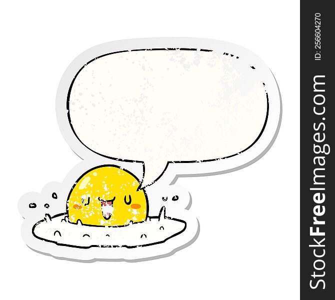cartoon happy egg with speech bubble distressed distressed old sticker. cartoon happy egg with speech bubble distressed distressed old sticker
