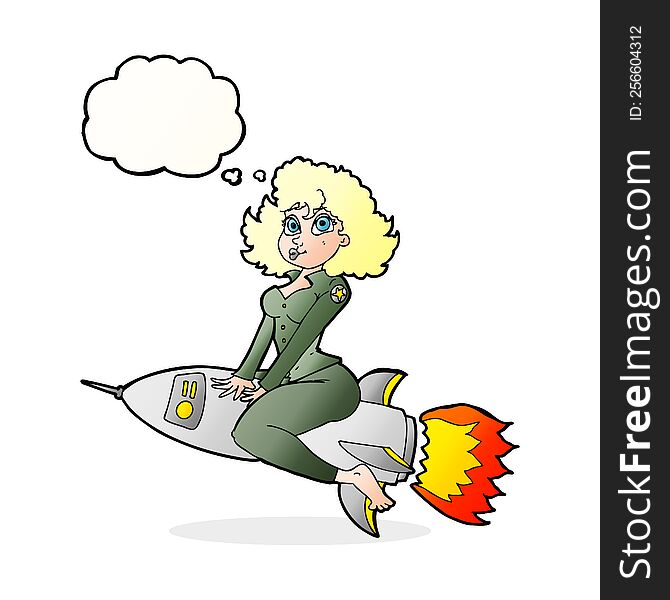cartoon army pin up girl riding missile] with thought bubble