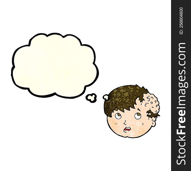 cartoon boy with ugly growth on head with thought bubble