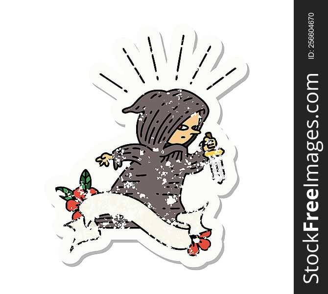 Grunge Sticker Of Tattoo Style Assassin With Knife