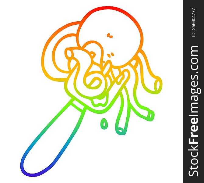 rainbow gradient line drawing of a cartoon spaghetti and meatballs on fork