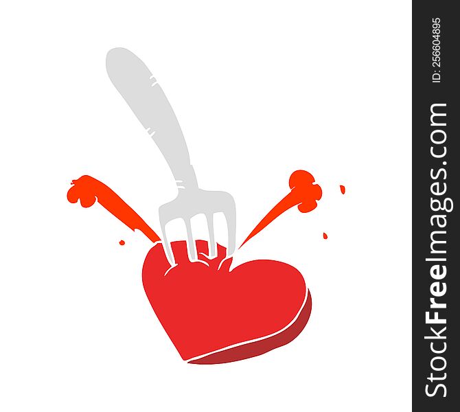 Flat Color Illustration Of A Cartoon Heart Stabbed By Fork