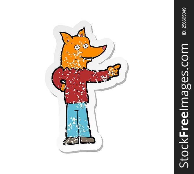 Retro Distressed Sticker Of A Cartoon Fox Man Pointing
