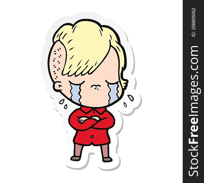 Sticker Of A Cartoon Crying Girl With Crossed Arms