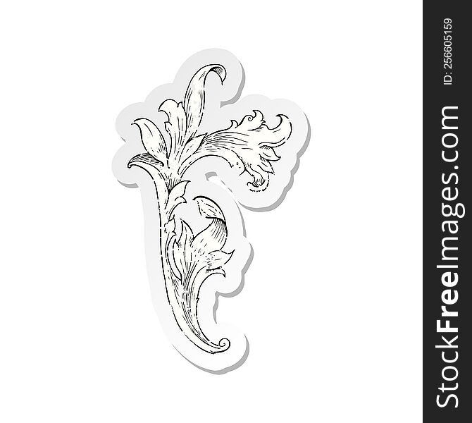 retro distressed sticker of a traditional hand drawn floral swirl