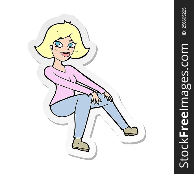 Sticker Of A Cartoon Happywoman Sitting