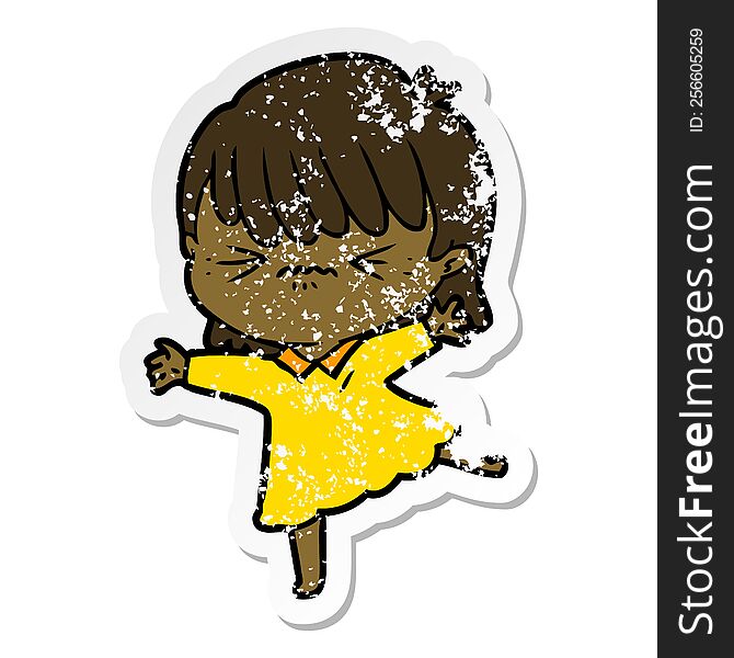 distressed sticker of a stressed out cartoon girl