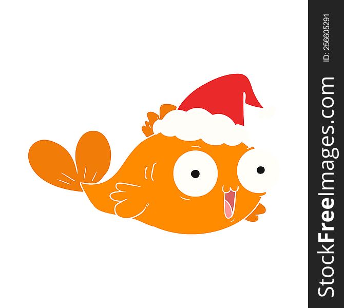 Happy Goldfish Flat Color Illustration Of A Wearing Santa Hat