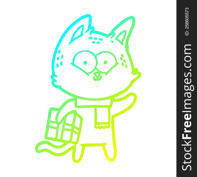 Cold Gradient Line Drawing Cartoon Cat Holding Christmas Present