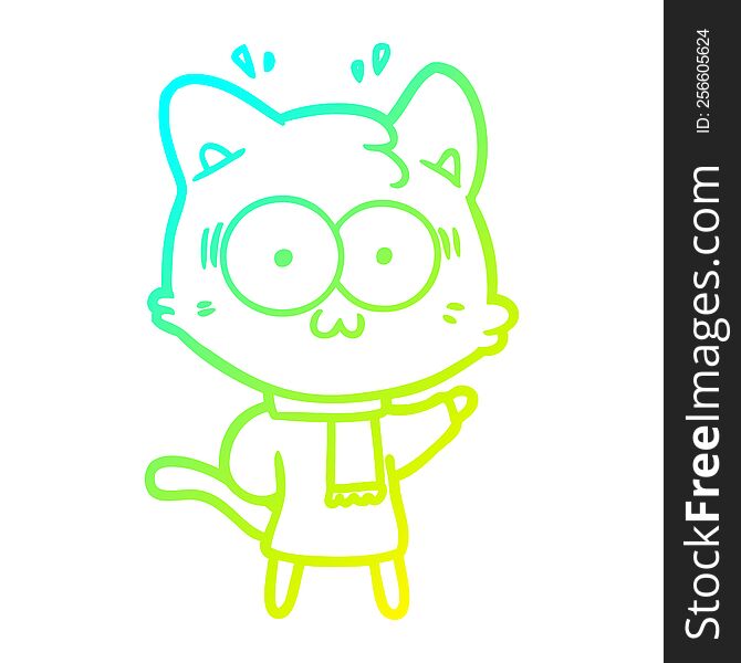 cold gradient line drawing of a cartoon surprised cat wearing cold winter clothes