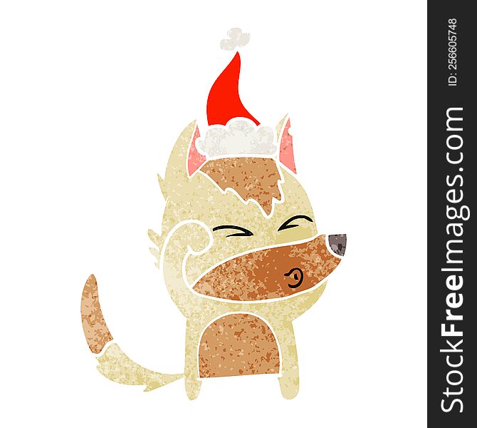 Retro Cartoon Of A Wolf Pouting Wearing Santa Hat