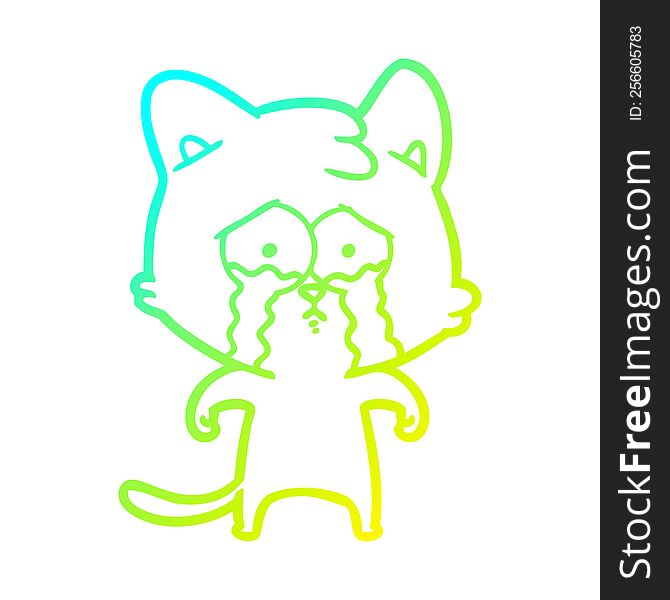 Cold Gradient Line Drawing Cartoon Crying Cat
