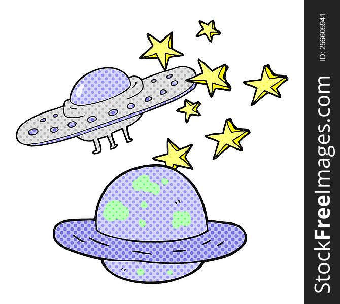 freehand drawn cartoon flying saucer and planet