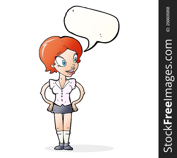 Cartoon Happy Woman In Short Skirt With Speech Bubble