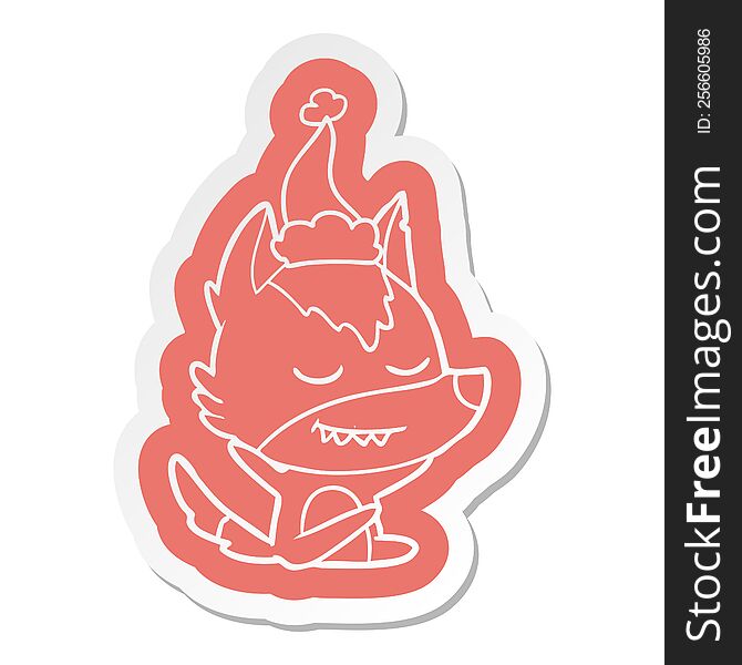 friendly quirky cartoon  sticker of a wolf sitting wearing santa hat
