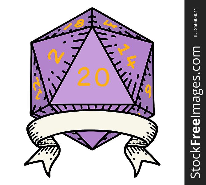 Retro Tattoo Style natural 20 critical hit D20 dice roll. Retro Tattoo Style natural 20 critical hit D20 dice roll