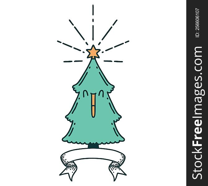 banner with tattoo style christmas tree with star