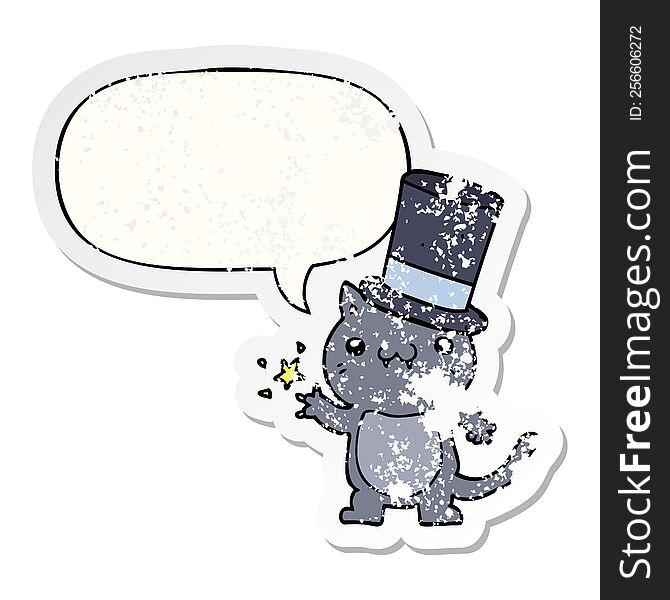Cartoon Cat Wearing Top Hat And Speech Bubble Distressed Sticker