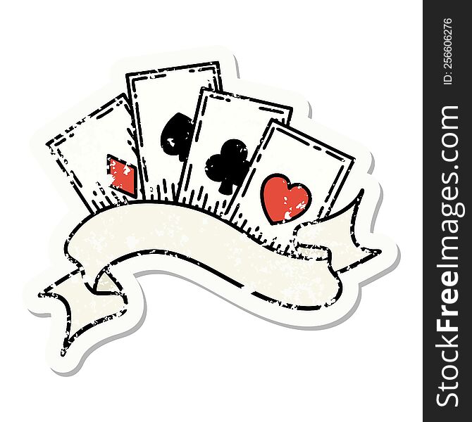 traditional distressed sticker tattoo of cards and banner