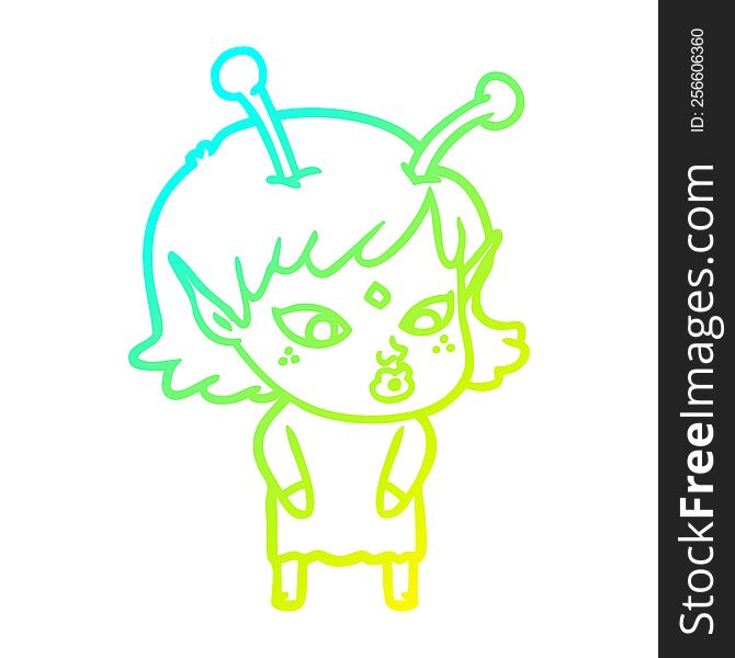 cold gradient line drawing of a pretty cartoon alien girl